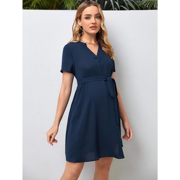 Maternity Notched v Neck Belted Dress navy blue - Picture 3 of 5